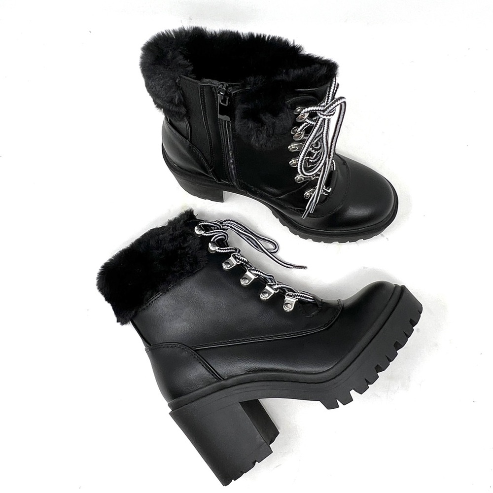 Torrid Black Faux Fur Lug Rider Combat Platform Chunky Moto Ankle Bootie Boots